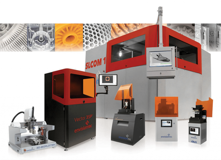 EnvisionTEC’s new printers through September 2016: From left, the 3D-Bioplotter Starter Series; the Vector 3SP; the SLCOM 1; the Aureus Plus, part of the Perfactory Desktop Plus line; the Vida Hi-Res DSP and Micro Plus cDLM.