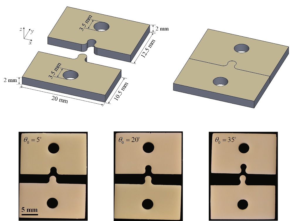 At bottom, suture samples 3D printed on an EnvisonTEC Micro Hi-Res machine, showing different interlocking angles. The EnvisionTEC produced these shapes with ±4 micron accuracy, enabling a perfect fit. The illustrations at the top show the dimensions of parts and one assembly.