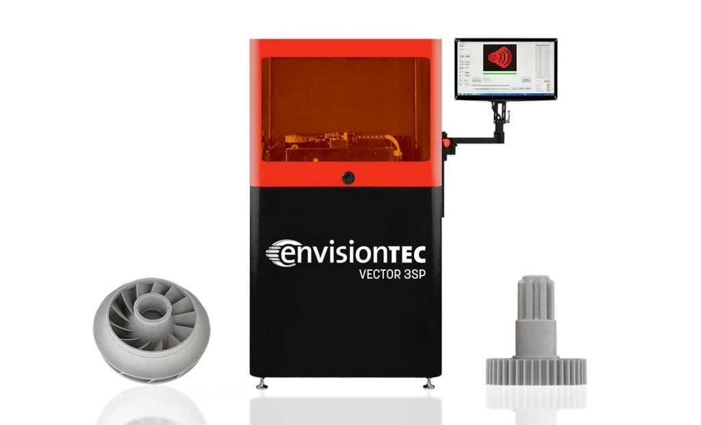 EnvisionTEC launched its 3SP technology in 2013 and it continues to gain popularity in the manufacturing market because it is faster and more affordable than traditional SLA systems for 3D printing in large build areas. Here, the Vector 3SP is shown with EnvisionTEC’s popular ABS Flex Gray material. A new castable material under development with Somos is slated to be available by year’s end.