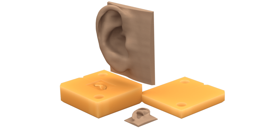 This ear was created on a mold 3D printed on an EnvisionTEC Vector 3SP in the company's E-Tool material.